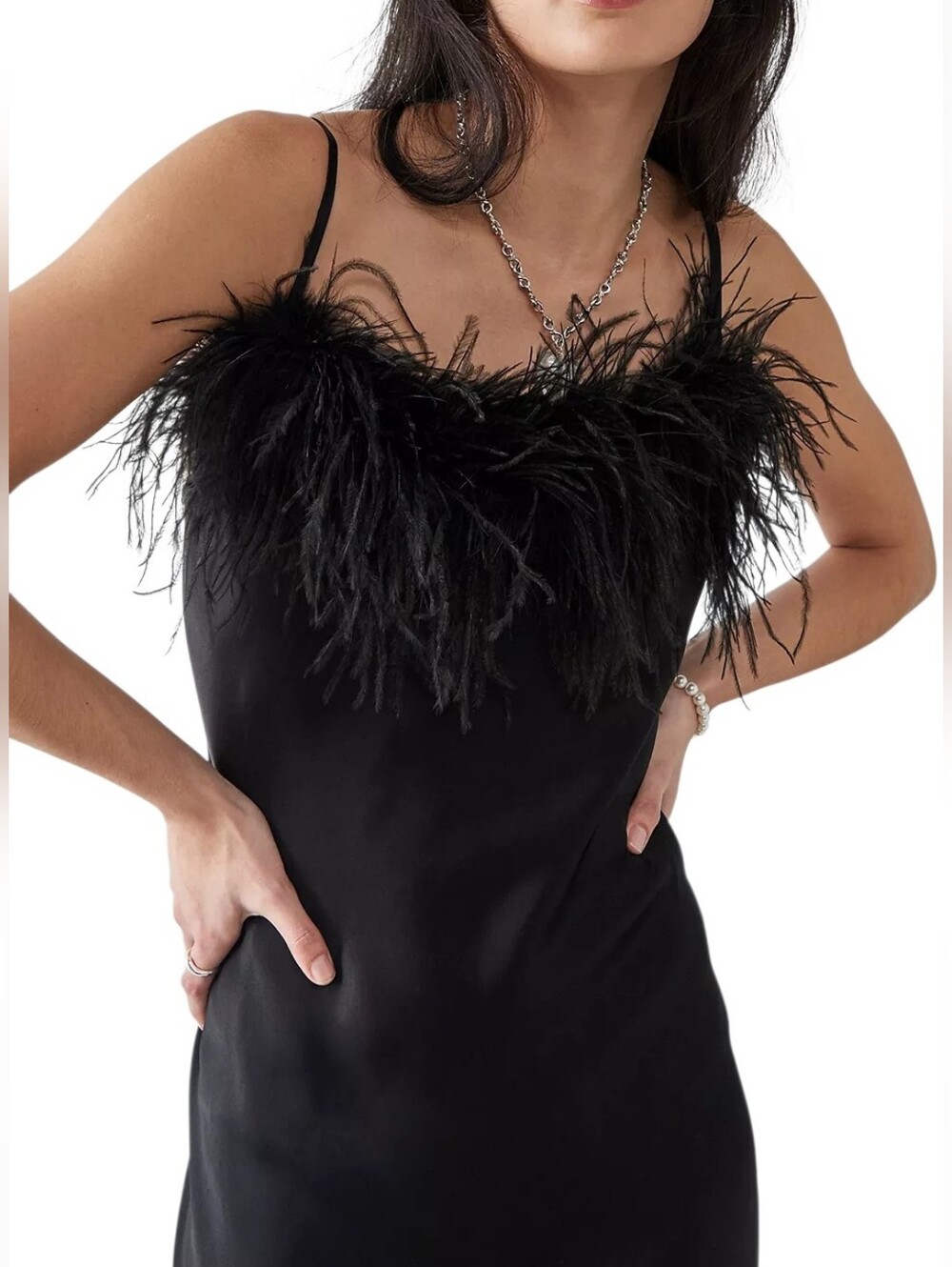 Sleeper Boheme Satin Midi Slip Dress Black Ostrich Feather Trim - Picture 4 of 12